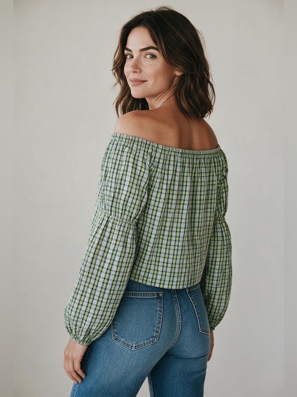 Topshop Green Plaid Off-Shoulder Peasant Blouse